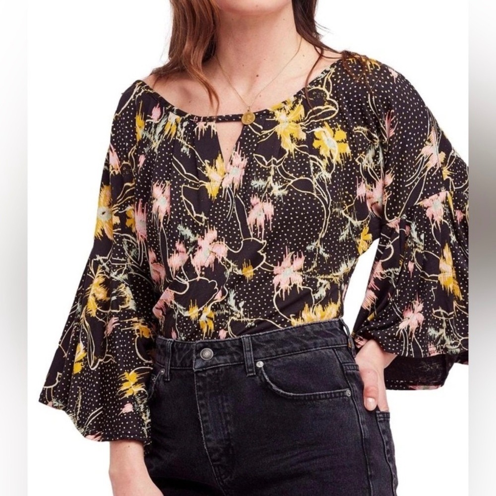 Free People Black‎ The Last Time Floral Printed Blouse Size Medium